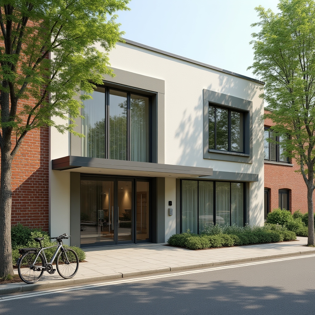 Exterior view of a modern low-rise office building with large windows on a tree-lined street in Mile End