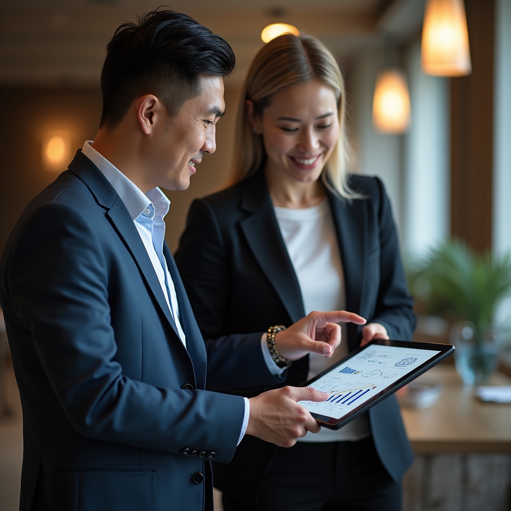 Two colleagues in business casual clothing reviewing a technical diagram on a tablet during a handoff conversation in an office lounge