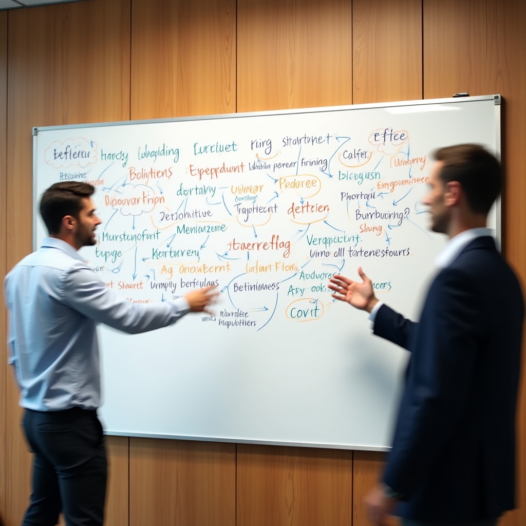A whiteboard covered in handwritten definitions of technical terms like database, automation and API, photographed in an office setting