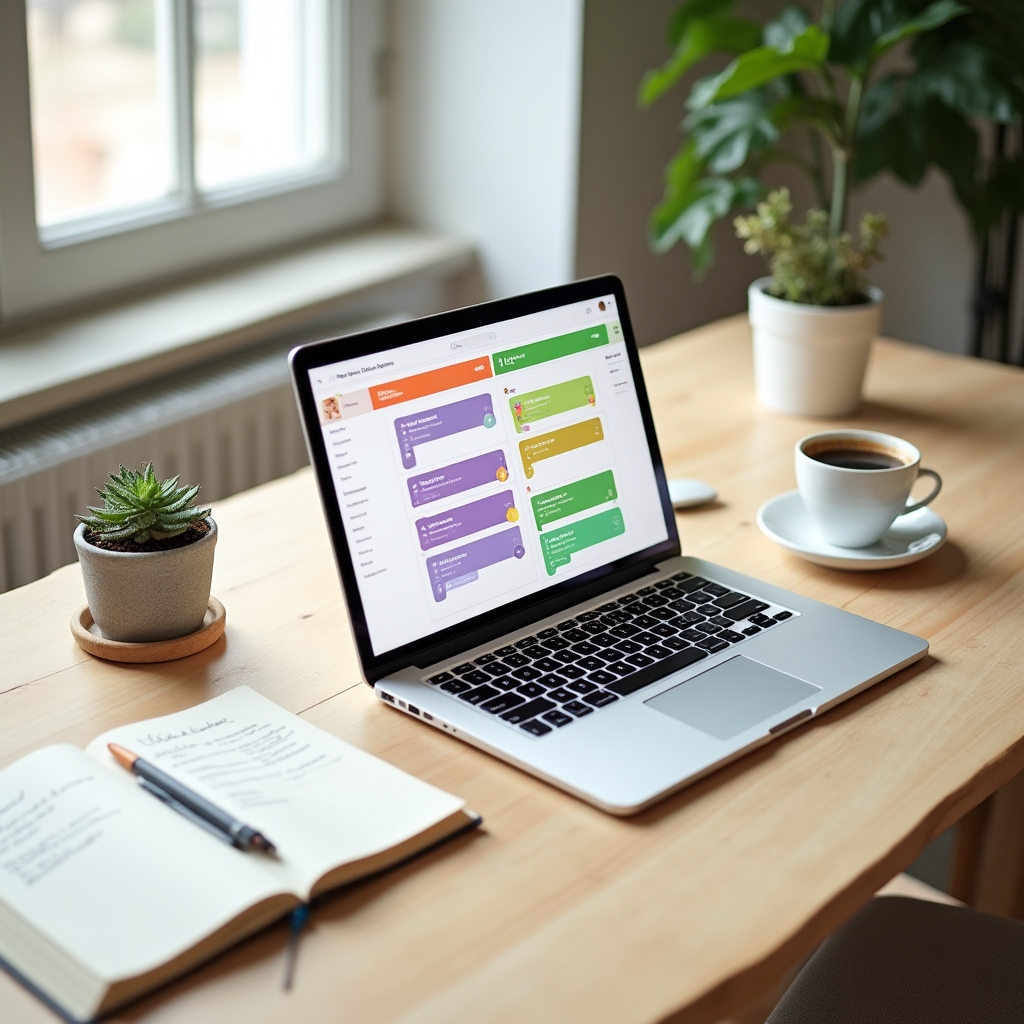 Overhead view of a desk with a laptop displaying a colourful project tracker board next to a notebook and a cup of coffee