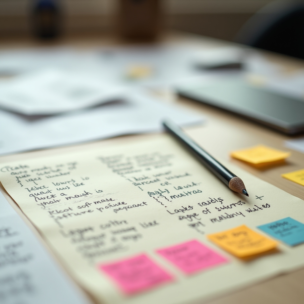 Handwritten notes and printed screenshots spread across a desk comparing features of three different no-code software tools