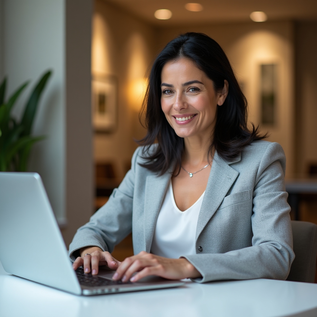 A woman in business casual attire sitting at a desk building a project tracker on a laptop, looking focused and calm