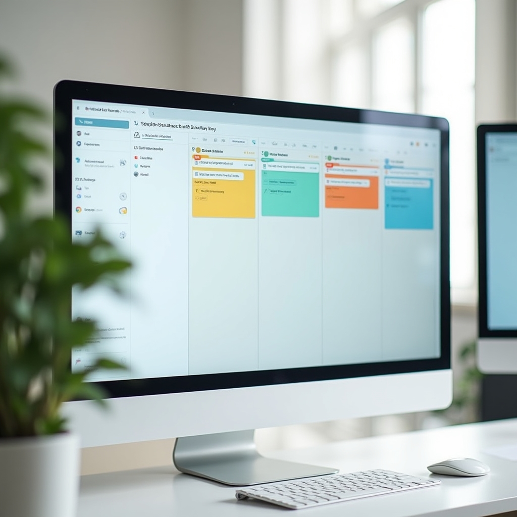 Wide shot of a monitor displaying a kanban-style project tracker board with coloured status columns and task cards