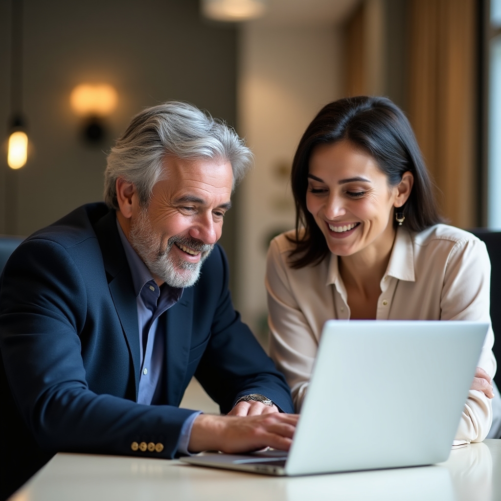Two office colleagues reviewing an onboarding checklist together on a laptop screen in a bright meeting room